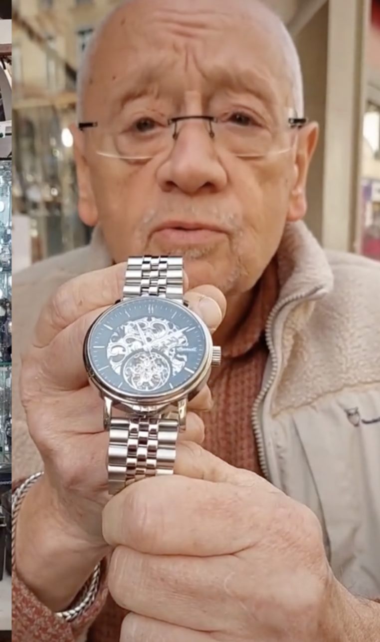 Michel présente une montre squelette face caméra pendant un live